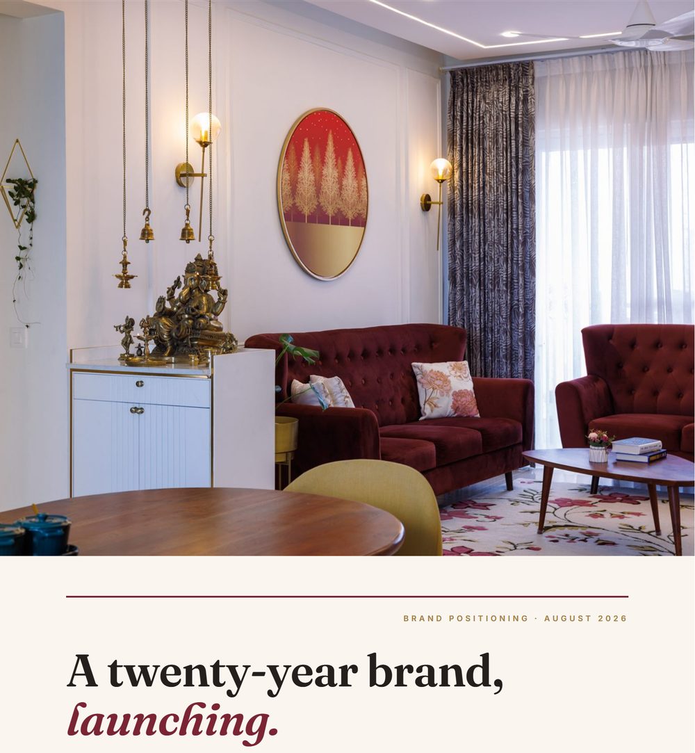 The cover of a brand positioning report: a living room, and the headline A twenty-year brand, launching.